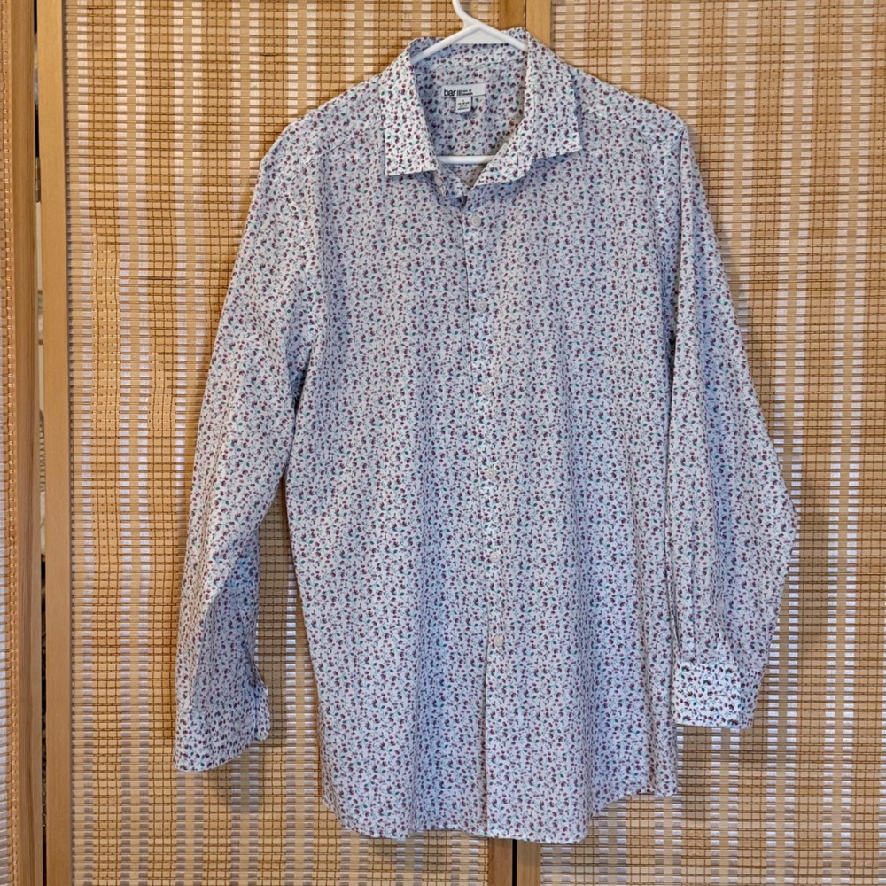 Bar III Mens Slim Fit Stretch Floral Dress Shirt Purple Teal White Large 16-16.5